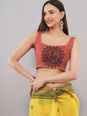 Yellow linen printed saree with blouse 5