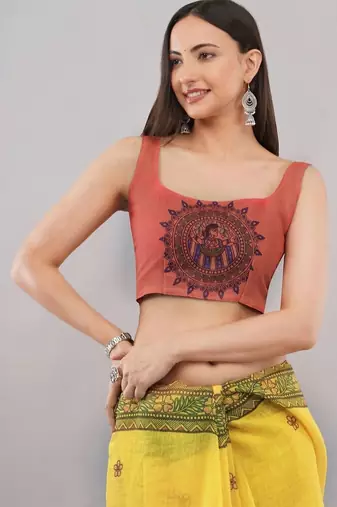 Yellow linen printed saree with blouse