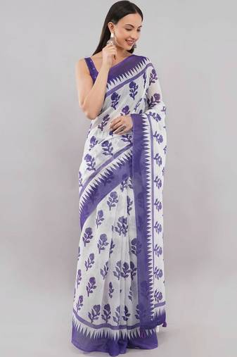 Violet linen printed saree with blouse