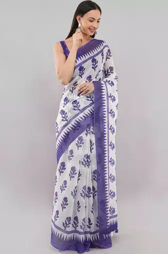 Violet linen printed saree with blouse