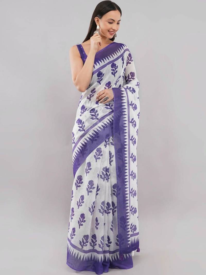 Violet linen printed saree with blouse