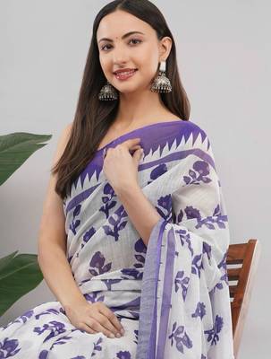 Violet linen printed saree with blouse 2
