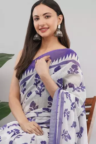 Violet linen printed saree with blouse