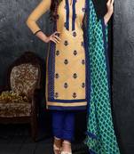 cream and blue chanderi cotton embroidered unstitched salwar with dupatta