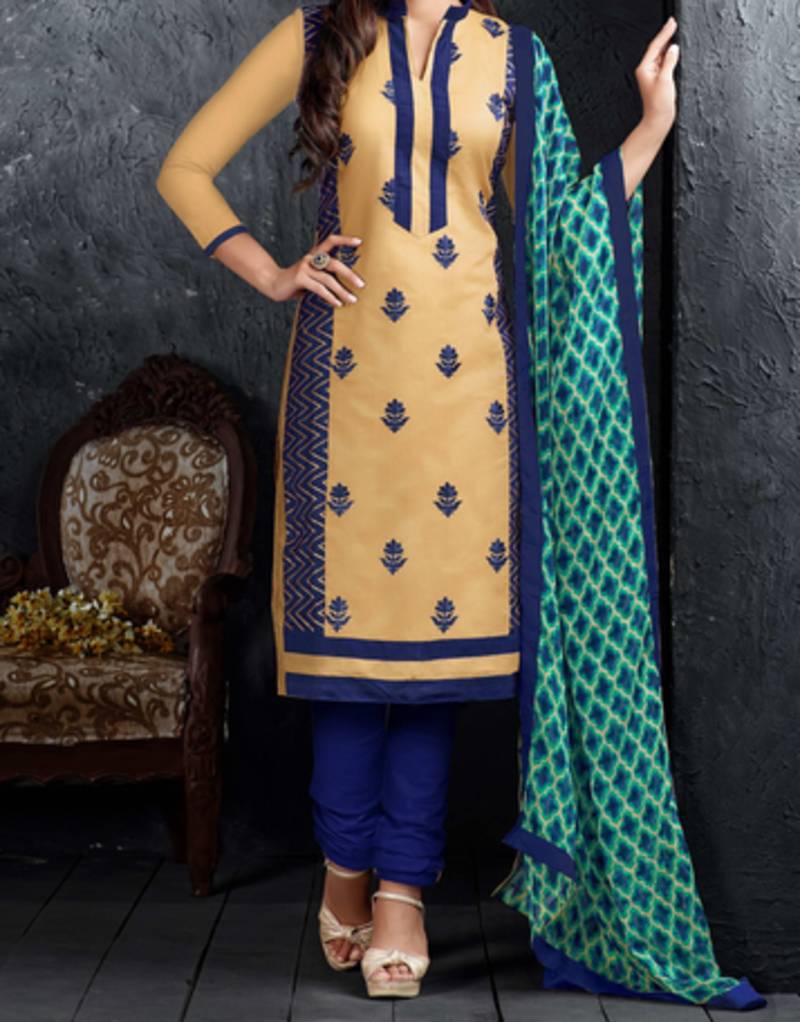 cream and blue chanderi cotton embroidered unstitched salwar with dupatta