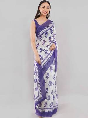 Violet linen printed saree with blouse 3