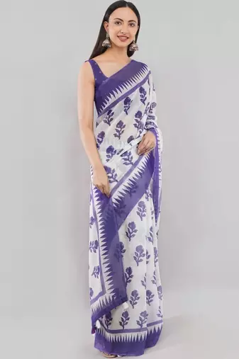 Violet linen printed saree with blouse