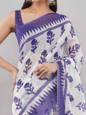Violet linen printed saree with blouse 4