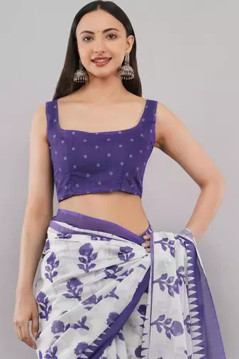 Violet linen printed saree with blouse