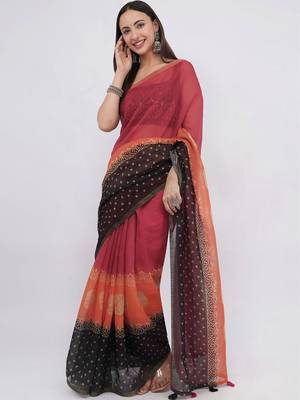 Multicolor linen printed saree with blouse 1
