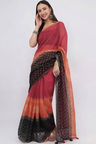 Multicolor linen printed saree with blouse