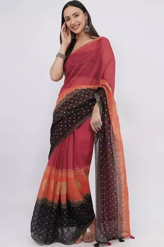 Multicolor linen printed saree with blouse