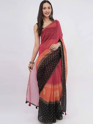 Multicolor linen printed saree with blouse 3