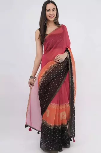 Multicolor linen printed saree with blouse
