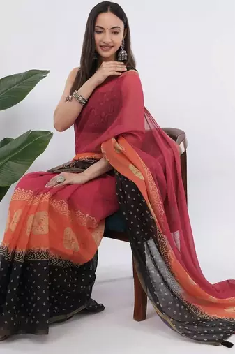 Multicolor linen printed saree with blouse