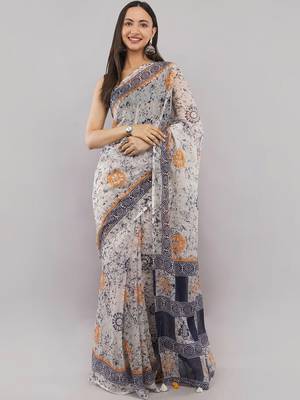 Off white linen printed saree with blouse 1