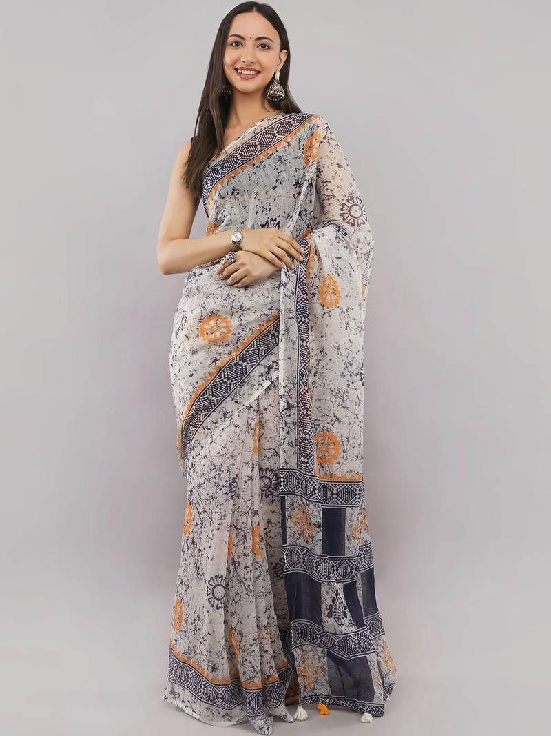 Off white linen printed saree with blouse