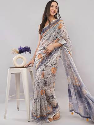 Off white linen printed saree with blouse 2