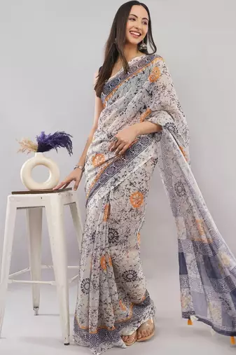 Off white linen printed saree with blouse