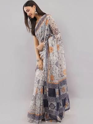 Off white linen printed saree with blouse 3