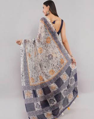 Off white linen printed saree with blouse 4