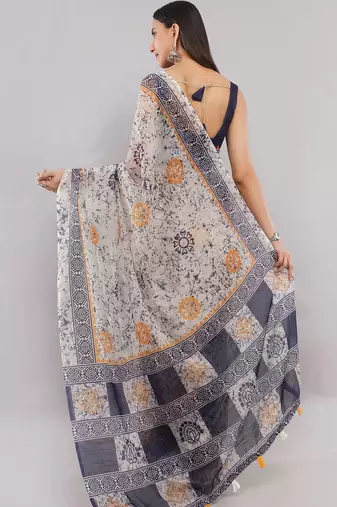 Off white linen printed saree with blouse