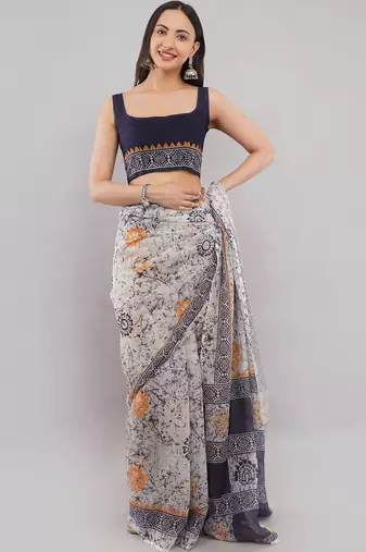 Off white linen printed saree with blouse