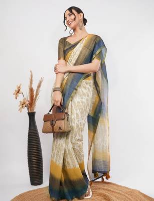 Off white tissue printed saree with blouse 4