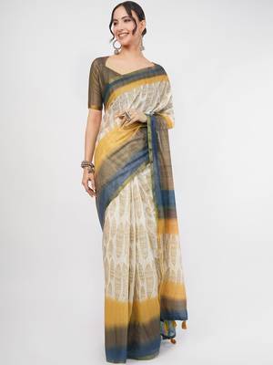 Off white tissue printed saree with blouse 5