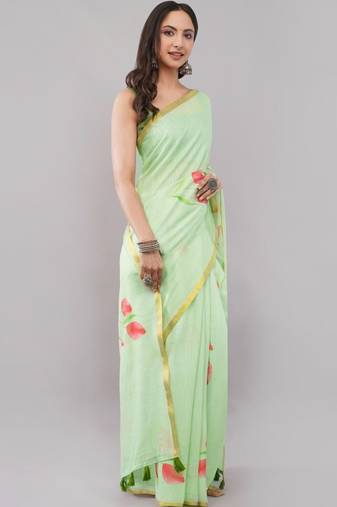 Lime linen printed saree with blouse