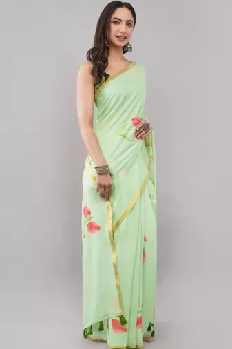 Lime linen printed saree with blouse