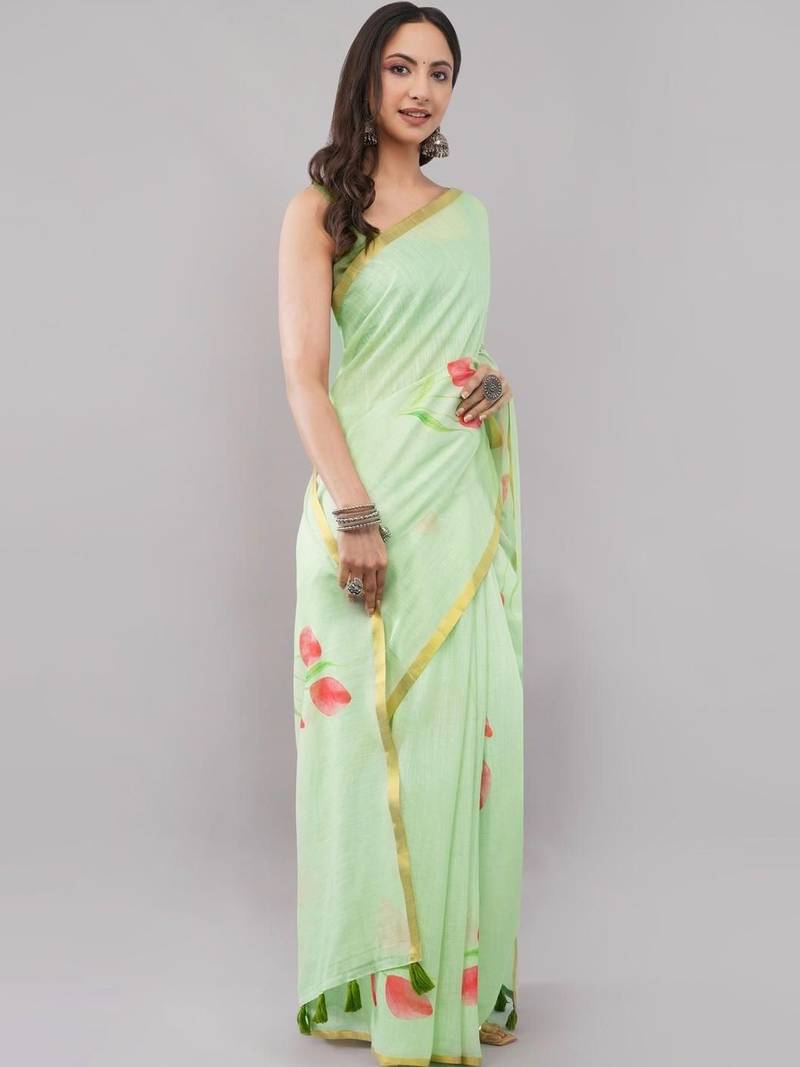 Lime linen printed saree with blouse