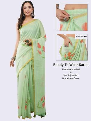 Lime linen printed saree with blouse 2