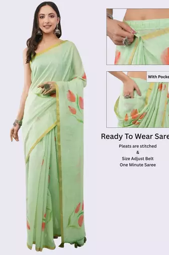 Lime linen printed saree with blouse