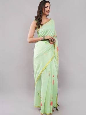 Lime linen printed saree with blouse 3