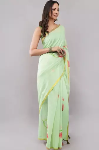 Lime linen printed saree with blouse