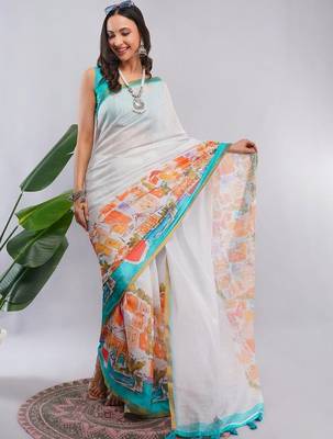 White linen printed saree with blouse 1