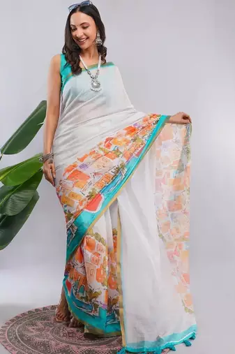 White linen printed saree with blouse