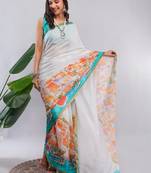 White linen printed saree with blouse