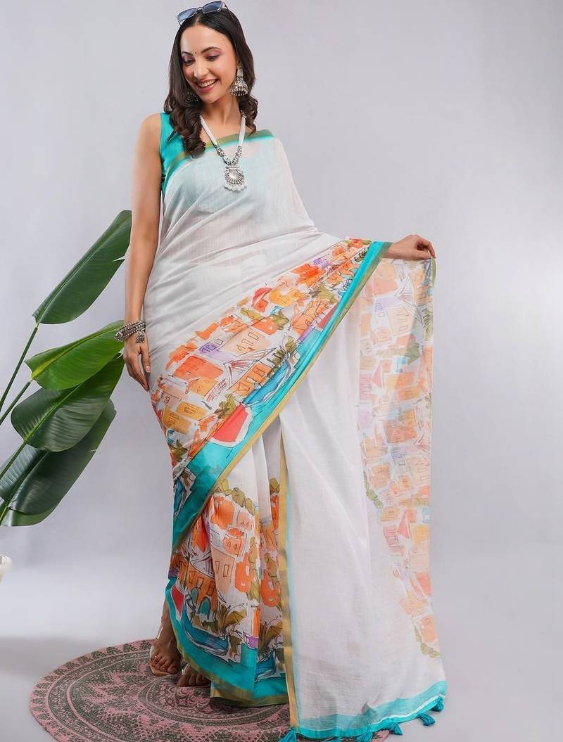White linen printed saree with blouse