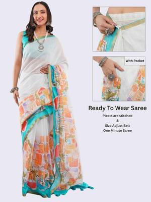 White linen printed saree with blouse 2