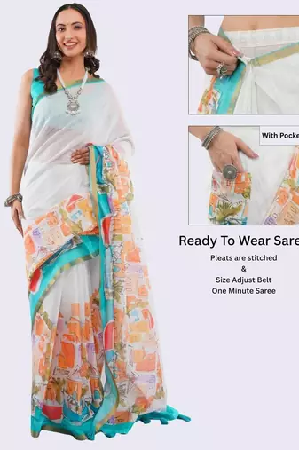 White linen printed saree with blouse