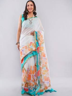 White linen printed saree with blouse 3