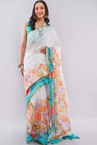 White linen printed saree with blouse