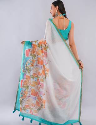 White linen printed saree with blouse 4