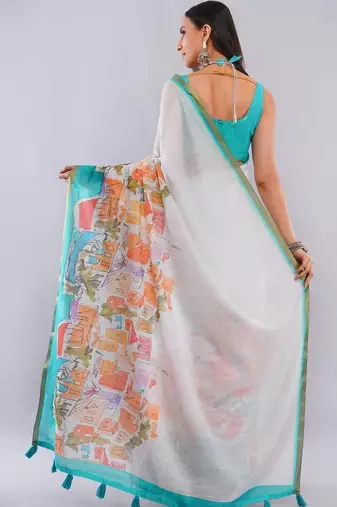 White linen printed saree with blouse
