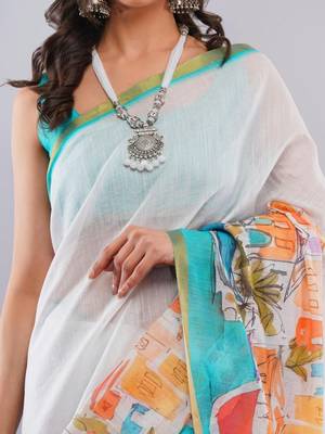 White linen printed saree with blouse 5
