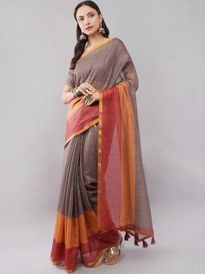 Grey linen woven design saree with blouse 1