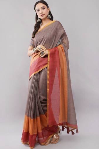 Grey linen woven design saree with blouse