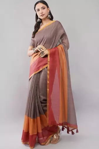 Grey linen woven design saree with blouse